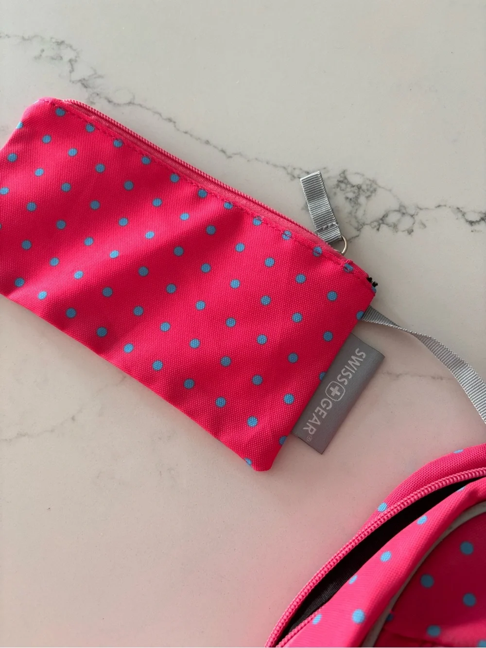 SwissGear Hot Pink Polka Dot Kids Backpack with Teal Pom